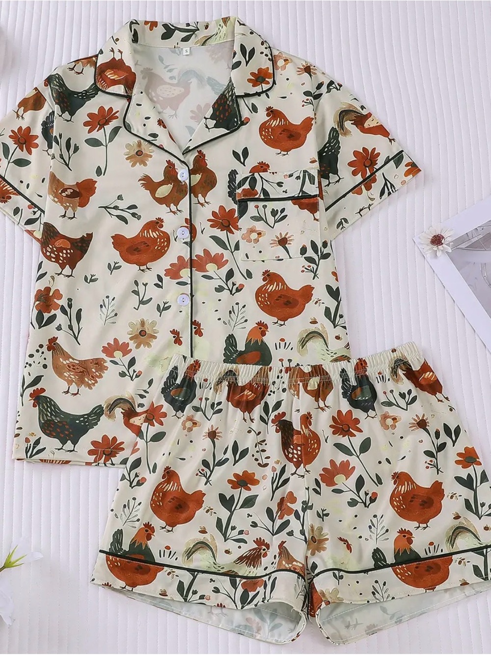 Cream Chicken-Print Pajama Set - Short Sleeve & Shorts
